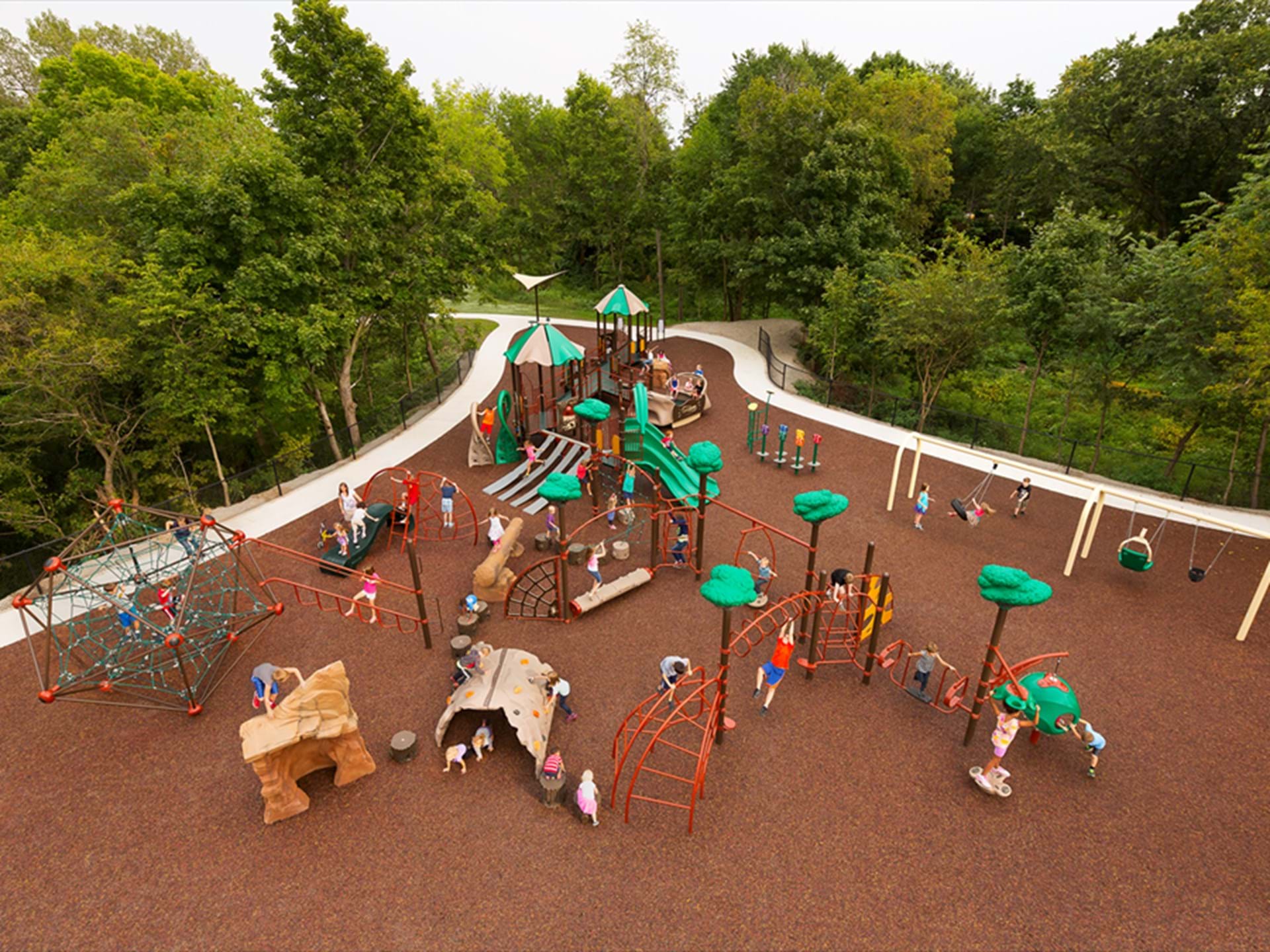 Modern playgrounds within the park near the campground