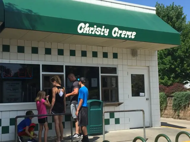 A family orders ice cream at an old soda fountain with a green awning.