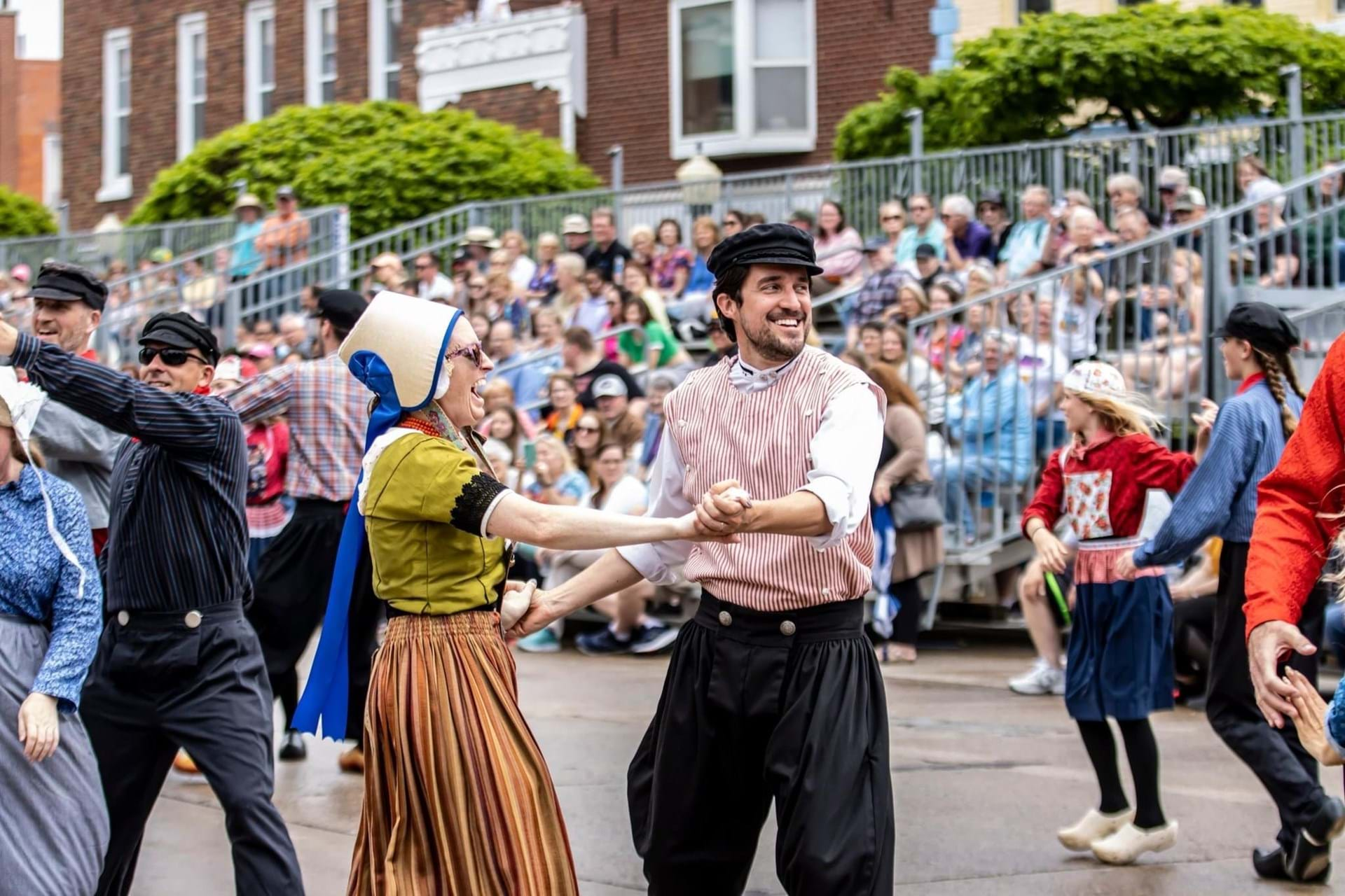 Dutch dancers in authentic costumes perform several times a day during Tulip Time.