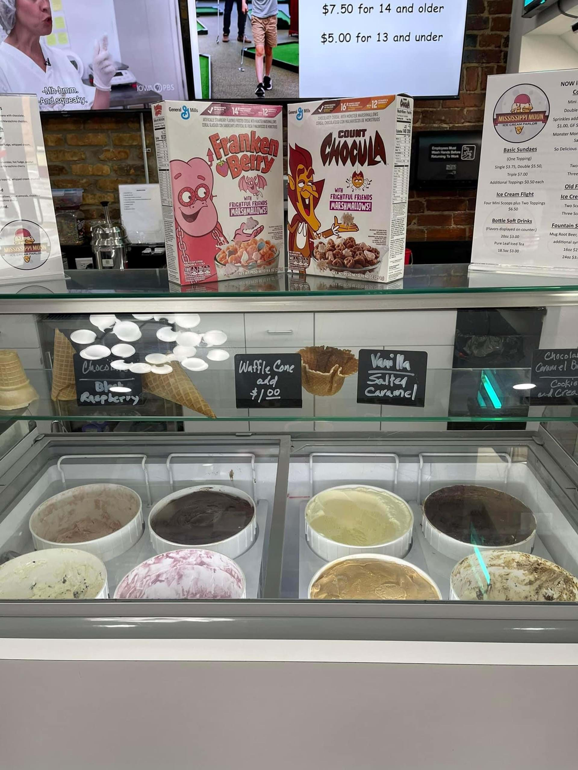 Eight great flavors of Hinterland Dairy ice cream made fresh in Donnellson. We make cones, cups, sundaes, & old-fashioned ice cream sodas!